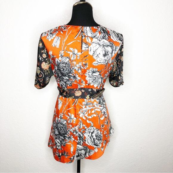 Zara red orange black white floral tie waist asymmetrical hem top size Medium - Picture 16 of 16
